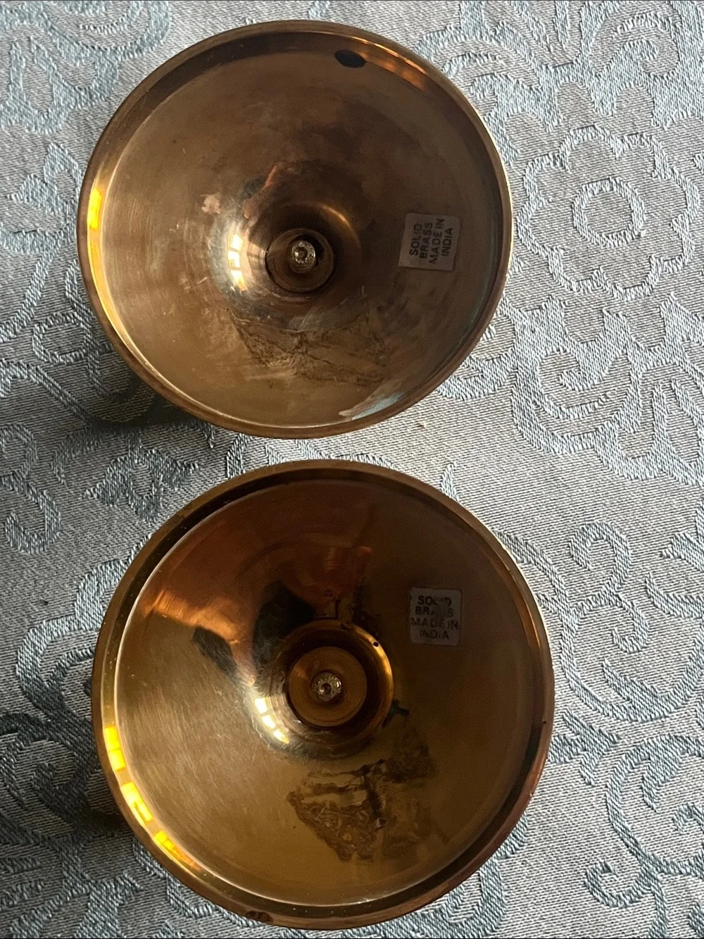 Solid Brass Candle Holders with Blue Taper Candles -Set of 2
